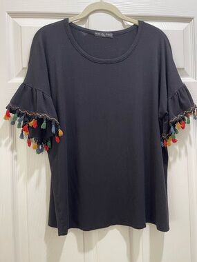 Kim & Cami Black Short Sleeve Top with Multicolor Tassel Trim